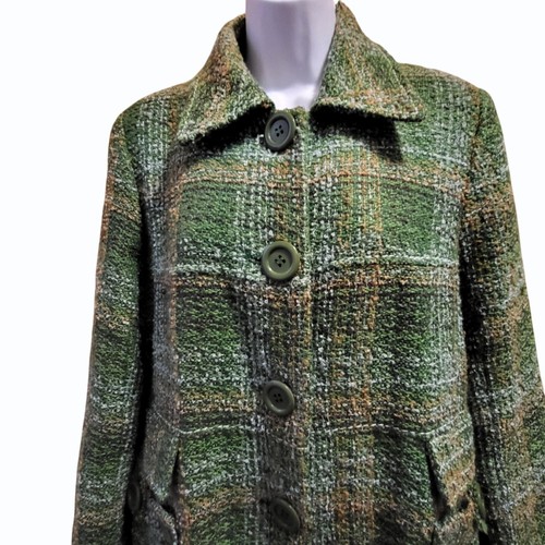 Vintage Womens Harvé Benard Green & Brown Plaid Wool Blend Tweed Coat - Picture 3 of 6