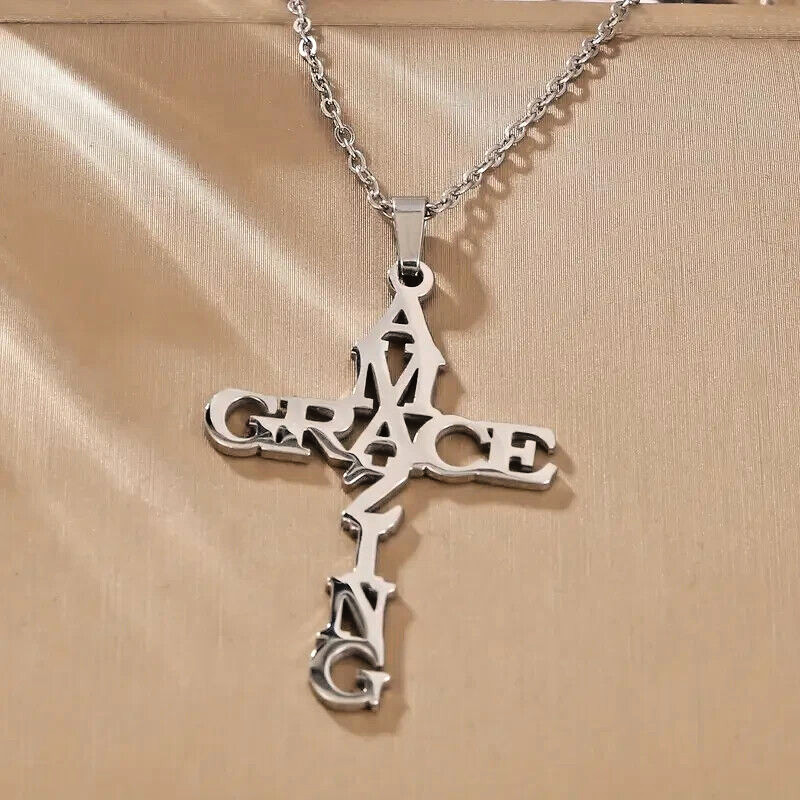 Unisex Men's & Women's AMAZING GRACE Cross Pendant Necklace Stainless Steel USA