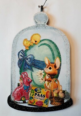 BUNNY, CHICK, EGG, COLOR KIT, RABBIT * Glitter EASTER ORNAMENT * Vtg Img