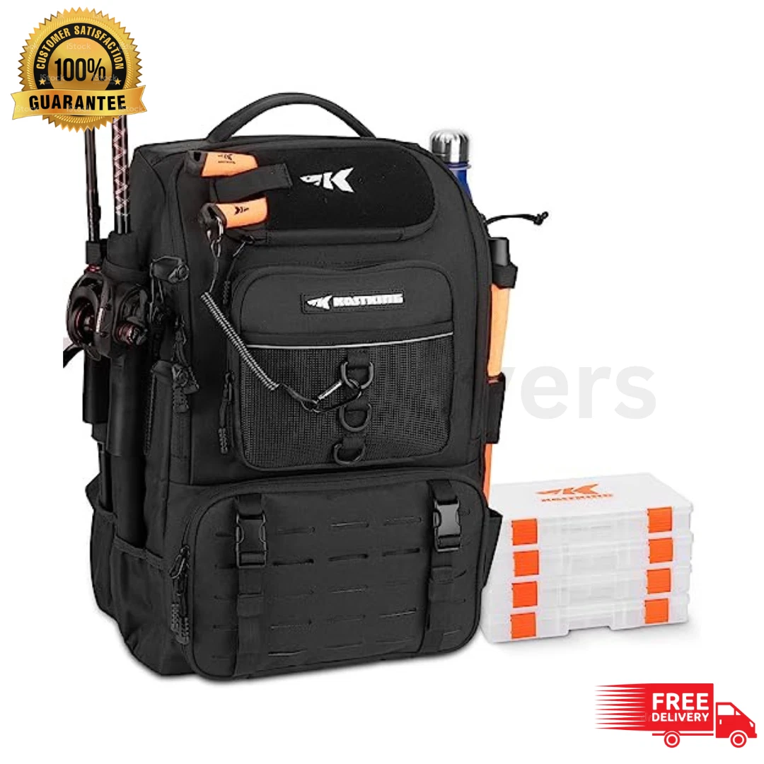 Fishing Tackle Backpack with Rod Holders 4 Tackle Boxes 40L Large