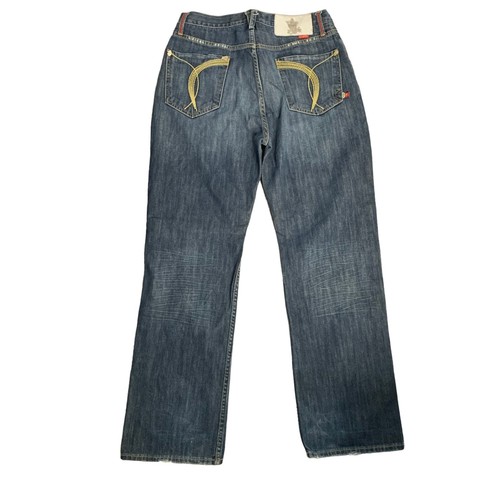 Vintage Y2K Stash House Denim Jeans 34 Med Wash Distressed Straight Embellished - Picture 3 of 8