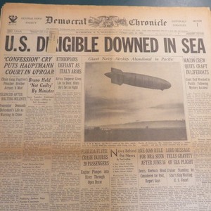 U.S. DIRIGIBLE DOWNED IN SEA (MACON) FEBRUARY 13 1935 NEWSPAPER