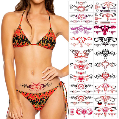 Sexy Navel Temporary Tattoos 20 Sheets Large Black Red Lace Abdomen Waist Waterp