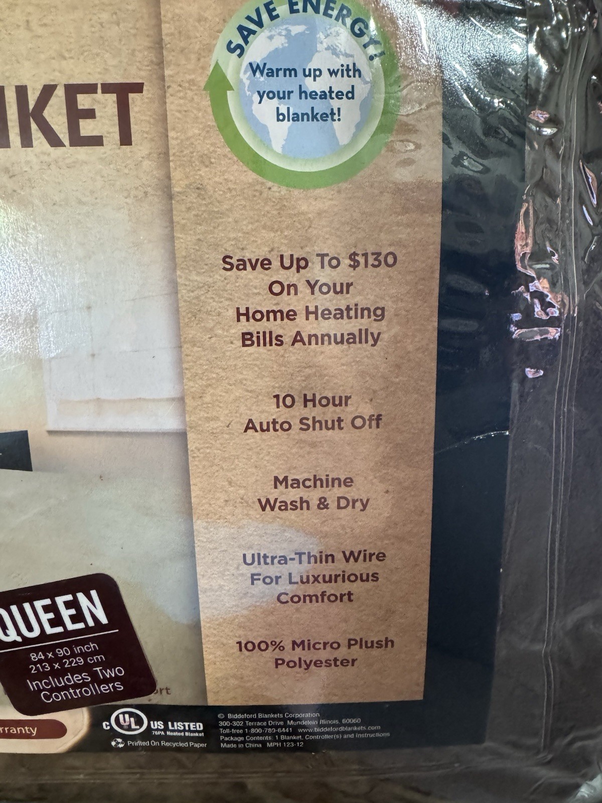 NEW Biddeford Electric Heated MicroPlush Queen 84"x 90" Blanket Auto Shutoff