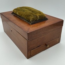 Victorian 1860 MAHOGANY Sewing Work Box w Pincushion Mirror Drawer 19thC Antique