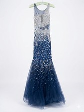 Blue, Collar, Sleeveless, Gradient, Mermaid Sequined Gown