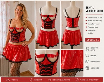Ladies Patent Look Set Red XL Bustier Mini Skirt Lace Up Party Outfit New