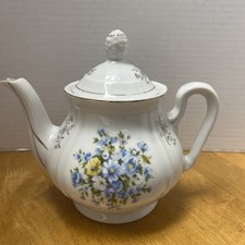 Vintage Porcelain Teapot White Yellow & Blue Flowers Gold Color Trim & Flowers.