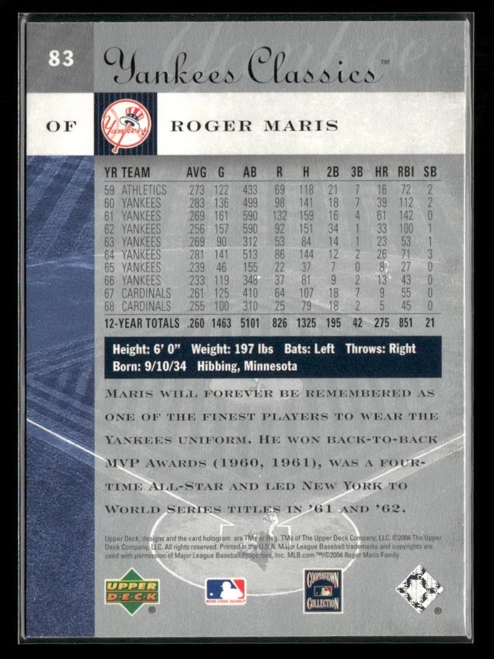 2004 Upper Deck Yankees Classics - Roger Maris #83 - Image 2 of 2