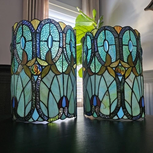 Turquoise Tiffany Style Wall Sconce Set; Stained Glass - set of 2