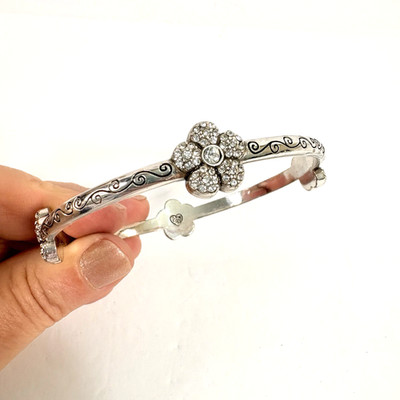 Brighton Floral Crystal Scroll Bracelet Bangle Silver Plated 7 3/4'' Designer