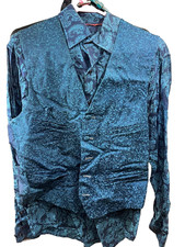 Mens Paisley Shirt Vest Belt Set Medium Blue Teal Jacquard Formal Tuxedo M