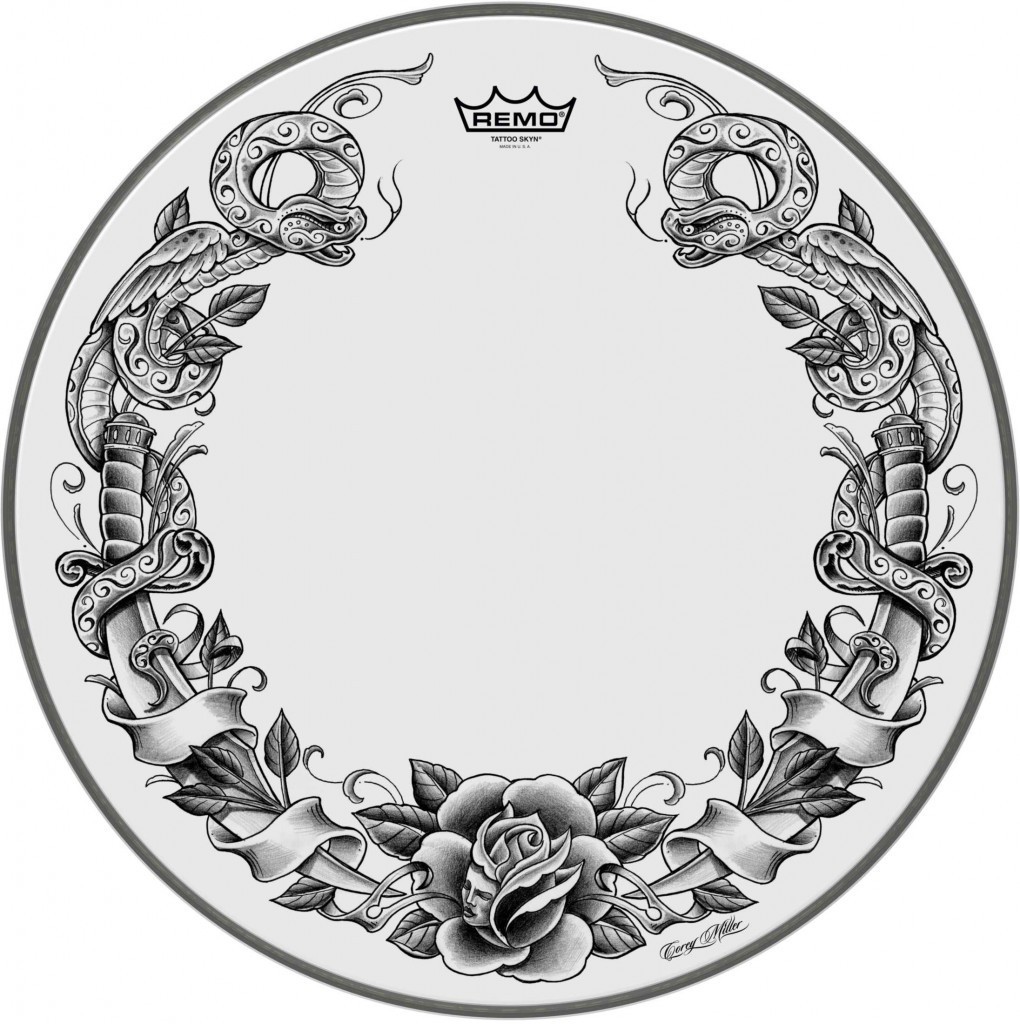 Remo PA-1322-TT-T02 Powerstroke 3 22" Bass Drum Head w Snake/Rose Tattoo Graphic