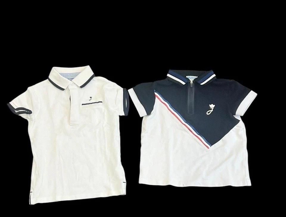 LOTE DE 2 POLOS JACADI NIÑOS MANGA CORTA LOGO BOGO BLANCO AZUL MARINO PIQUÉ TALLA 4 Foto 2 de 4
