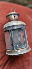 VINTAGE BRASS COPPER TEA LIGHT LANTERN STAR ETCHED GLASS CANDLE HOLDER GLAZED