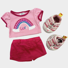 Build A Bear Clothes Rainbow Heart Love Glitter Top Pink Skort Sketchers Outfit