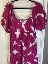 New Nine West Fuchsia Pink Long Dress Smocked Back Puffy Sleeves Empire Lined L