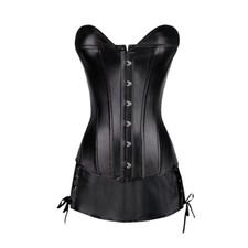 Burlesque Basque Cincher Bustier Corset Top Skirt Set Faux Leather Costume 6-22