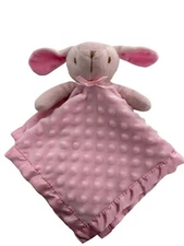 Pink Plush Bunny Lovey Security Blanket Satin Trim And Dotted Texture Baby Girl
