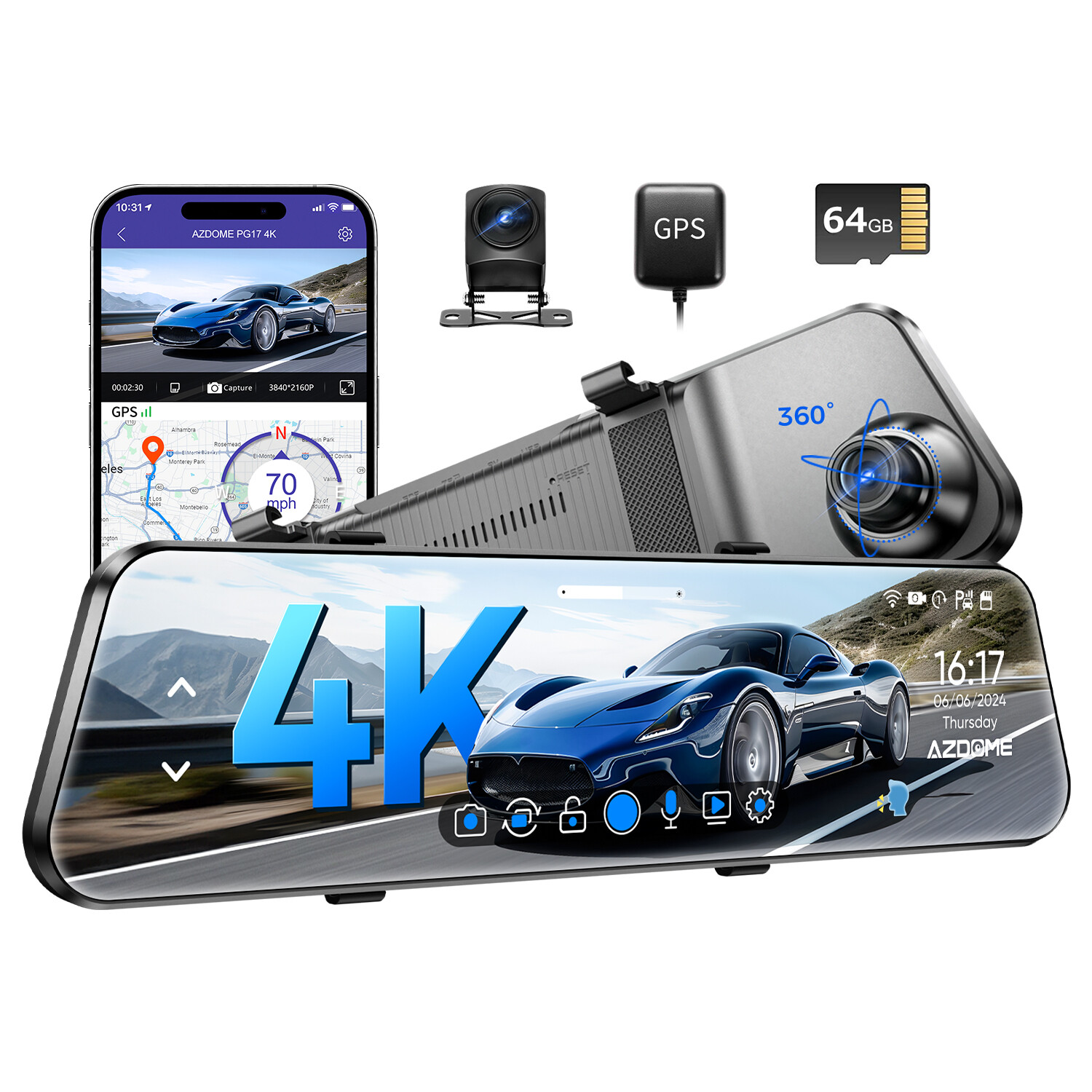 AZDOME 12" Rear View Mirror Camera 4K+1080P GPS WiFi Front and Rear 64GB SD Card