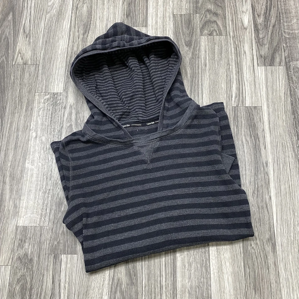 CALVIN KLEIN Pullover Thermal Black & Gray Striped Hooded Shirt Women's Size S - Image 4 of 4