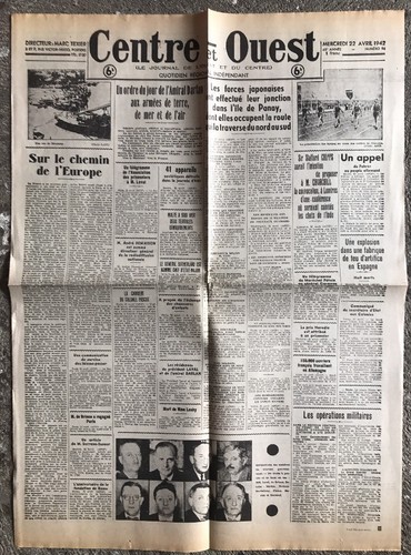 N12 La Une Du Journal Centre Et Ouest 22 Avril 1942 - 第 1/3 張圖片