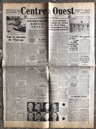 N12 La Une Du Journal Centre Et Ouest 22 Avril 1942 - Foto 1 di 3