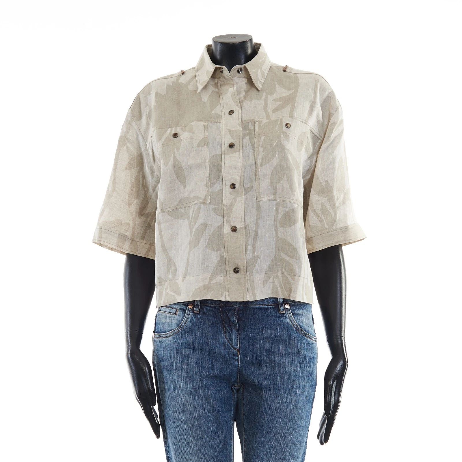 Brunello Cucinelli — BRUNELLO CUCINELLI 2350$ Linen Shirt - Leaf Print, Monili