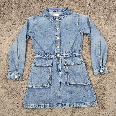 Zara Dress Womens 14 Blue Denim Mini Button Front Stone Wash Pockets Long Sleeve