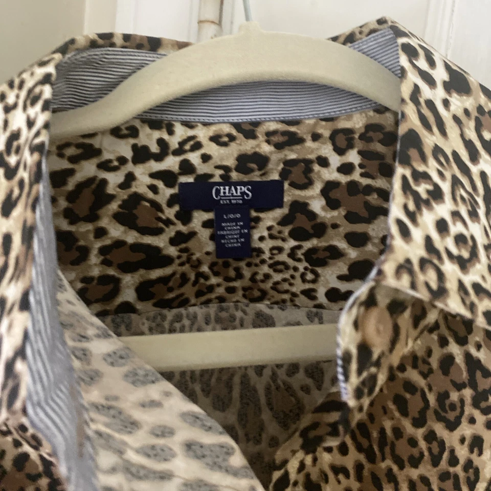NUEVO CON ETIQUETAS Nueva CAMISA RALPH LAUREN CHAPS ALGODÓN MARRÓN NEGRO ESTAMPADO LEOPARDO L Rayas Foto 3 de 4