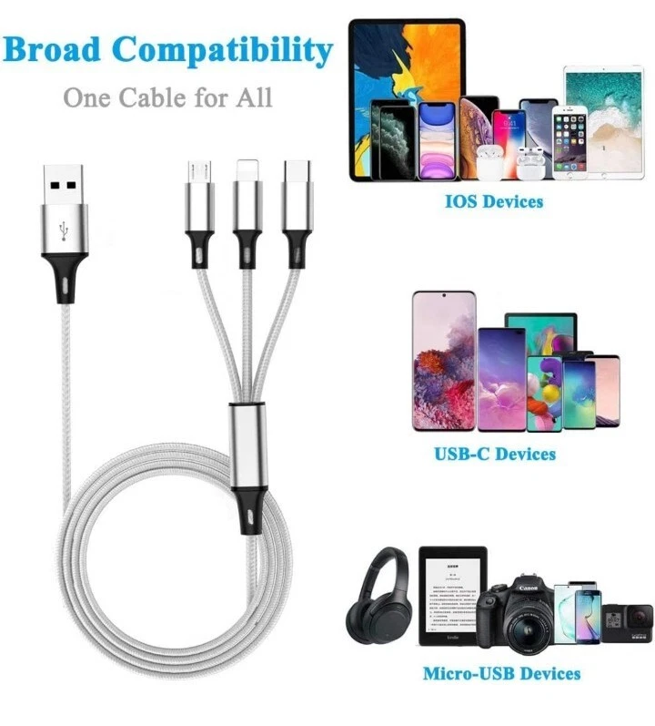 3 pk - 3 in 1 USB Charging Cable Universal Multi Function Charger Cord. 4FT Each - Image 4 of 4