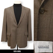 JOSEPH FEISS mens brown windowpane 100% WOOL sport coat suit jacket blazer 44 L