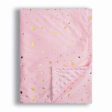 Pink 30x40 Inch Baby Blanket Soft Minky Double Layer Dotted Star Moon Print