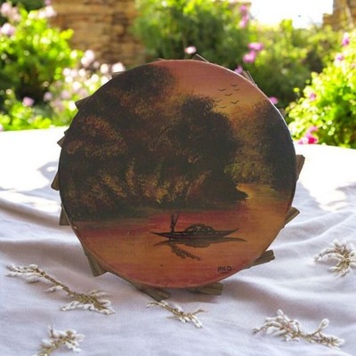 Handmade African Animal Cow Hide Folk Art Tribal Drum signed 9'' Wide Handpainted