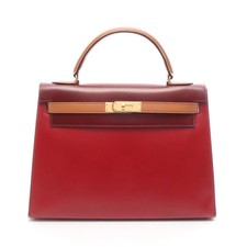 HERMES Kelly 32 Tricolor Rouge Vif Rouge Ash Natural Handbag Box Calf Red #RC136