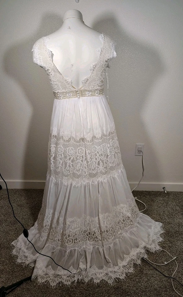 Hebeos NWT A Line Lace Ruched Short Sleeve Floor V Boho Wedding Dress Size 14 - Image 2 of 4