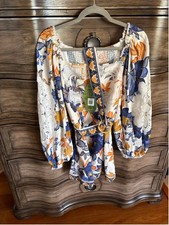 Women's FARM Rio Off-White Blue Orange Floral Blouse XL