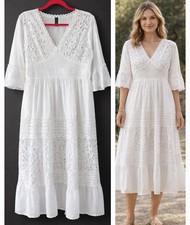 Womens COTTON Eyelet WHITE Flowy Midi SUMMER Cottagecore BOHO Lace DRESS Size XL