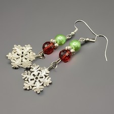 Handmade Earrings Christmas Holiday Snowflake Silvertone 2.5" Total s-blkb-b4