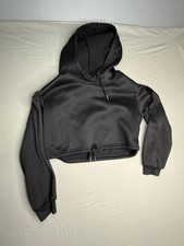 Women  s Black Hooded Crop Top Sweatshirt Casual Streetwear Long Sleeve Pullover