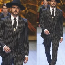 (Jacket+Vest+Pants)Black Stripe Groom Wedding Mens Slim Fit Suits 3 piece set