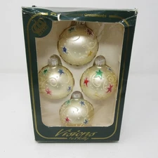 Visions By Holly Glass Christmas Ornament 4 White Frosted Multicolored Stars