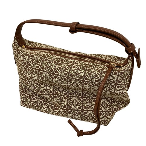 LOEWE Cubi Small Shulder Bag Canvas Leather Brown Whote Purse Handbag Anagram