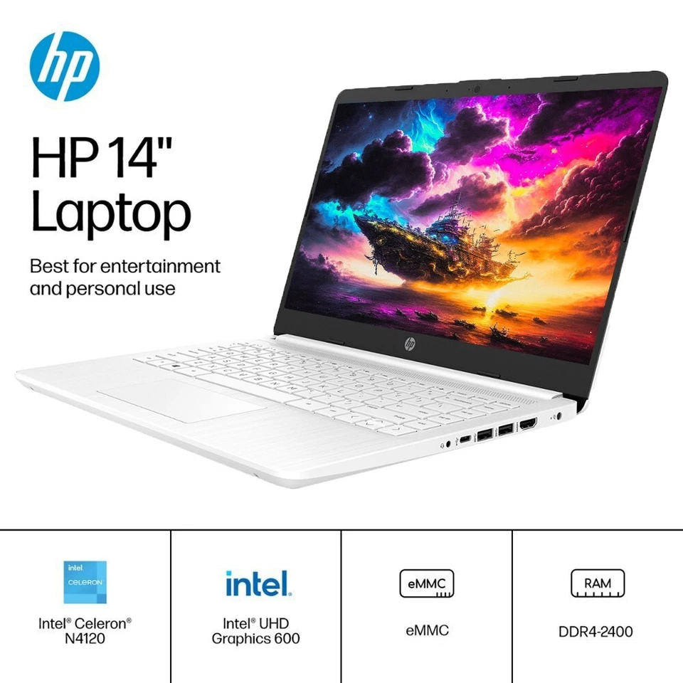 Portátil HP más nuevo 14" HD Intel 4 núcleos hasta 16 GB de RAM y 320 GB de almacenamiento Win11 blanco Foto 2 de 4
