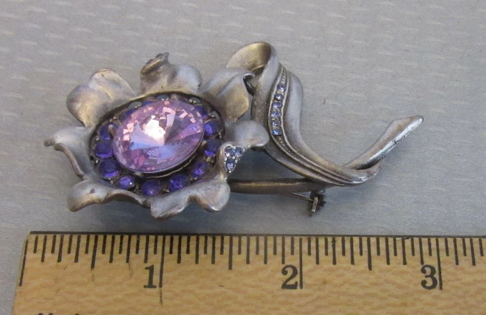 Broche prendedor flor PLATA STARRS firmado de colección púrpura estrás retro violeta 3" Foto 3 de 4