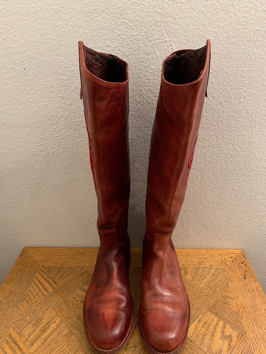 FRYE  9½ REDBROWN FRYE Lindsay Logo Embroidered Riding Leather Boots Burgundy Size