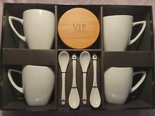 VIP 12 Piece Cafe Beverage Set ~ 4 Ceramic Coffee Mugs, Coasters & Spoons ~ NEW