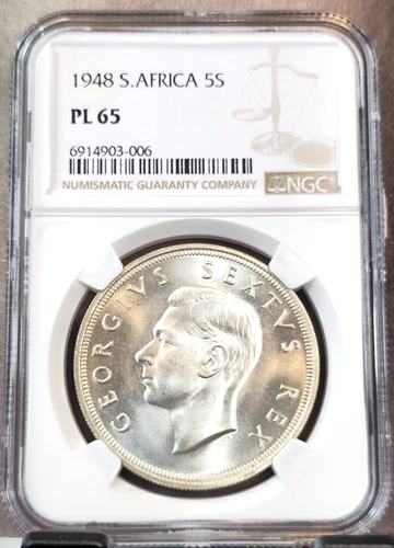 1948 SOUTH AFRICA SILVER 5 SHILLINGS SPRINGBOK NGC PL 65 GEM PROOF LIKE