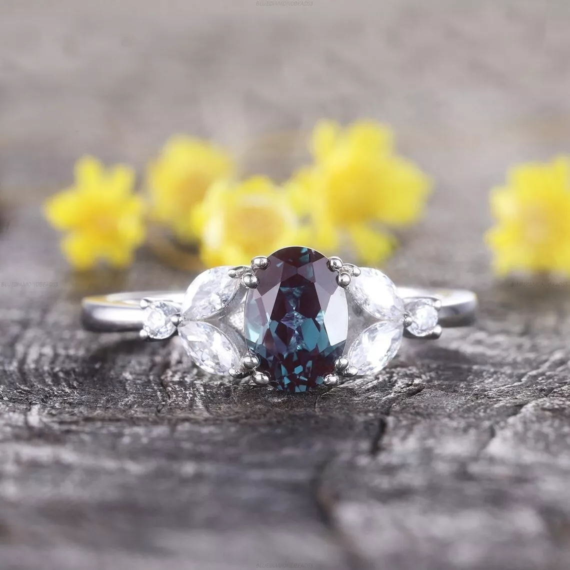 14ct White Gold Alexandrite Diamond wedding Art Deco Engagement Ring For Women