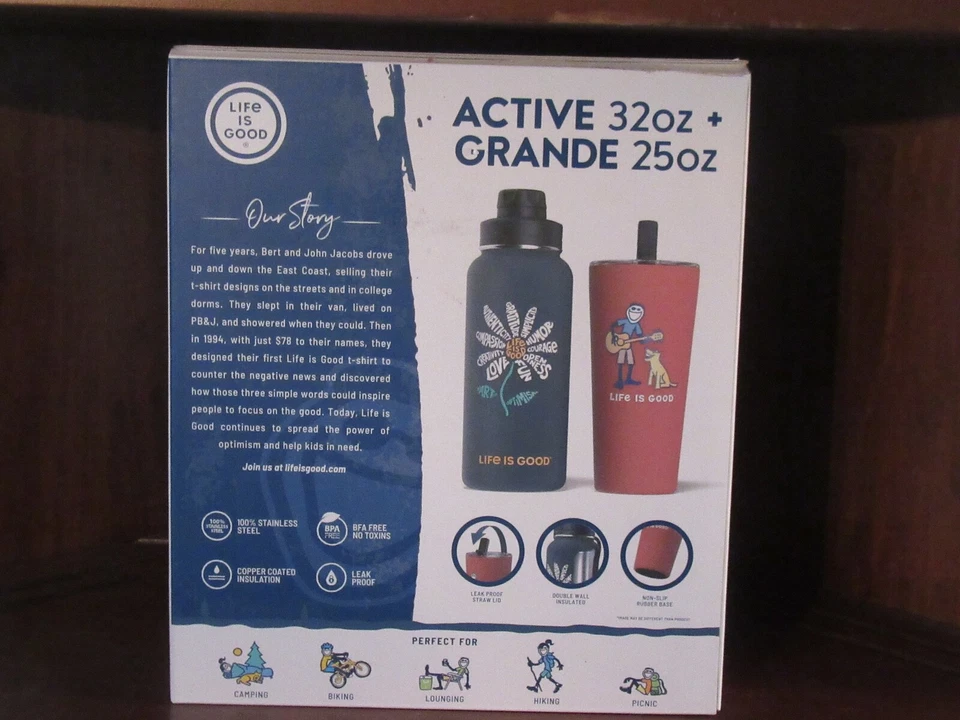 LIFE IS GOOD 32&25 OZ BOTELLA/TUMB JUEGO EN CAJA DE ACERO INOXIDABLE..."SKI JAKE/JACKIE" Foto 4 de 4